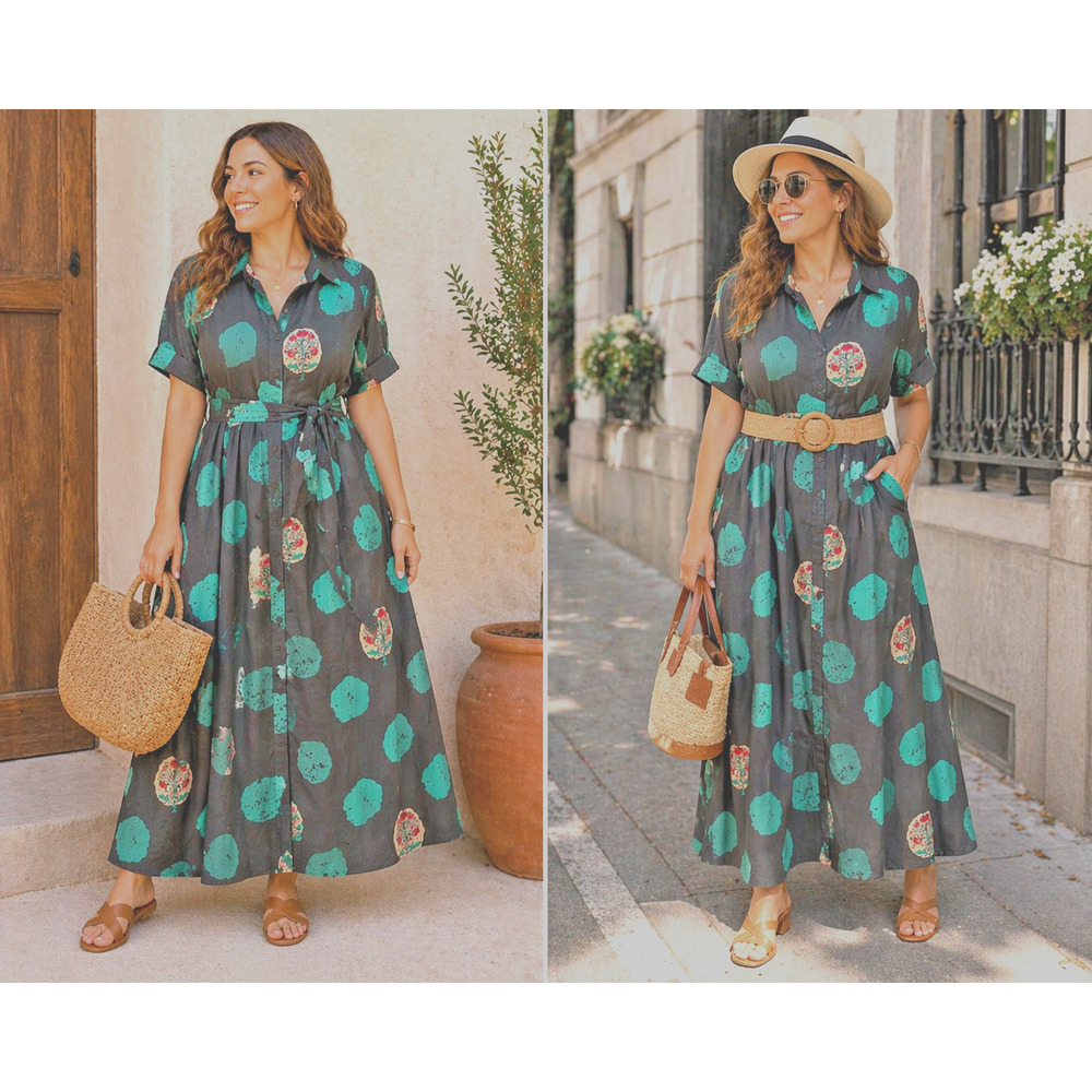 Bombay Paisley Button Front Maxi Dress Boho Resort Abstract Mod Coastal Sz -L